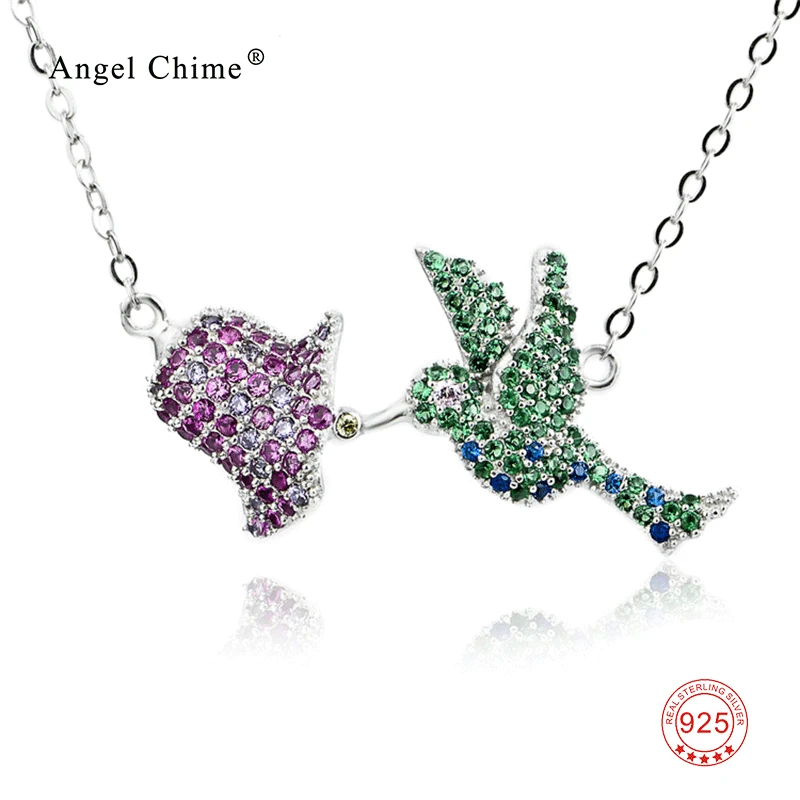 

925 Sterling Silver Charming Purple & Green Crystal Pendants Necklaces Lovely Bird Fashion Jewelry For Women