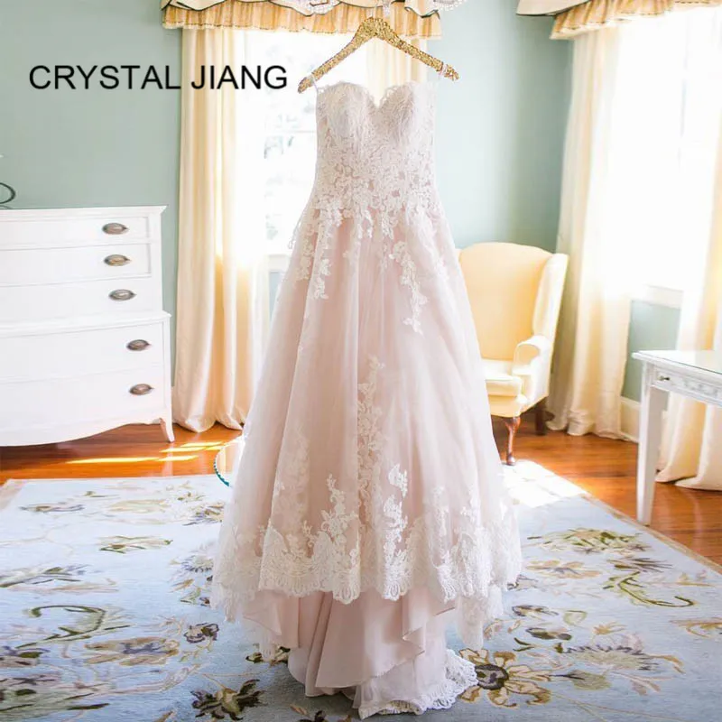 

New Arrival 2020 Sweetheart A Line Lace Applique Blush Pink Wedding Dress Custom made Plus size Court Train Elegant Wedding Gown