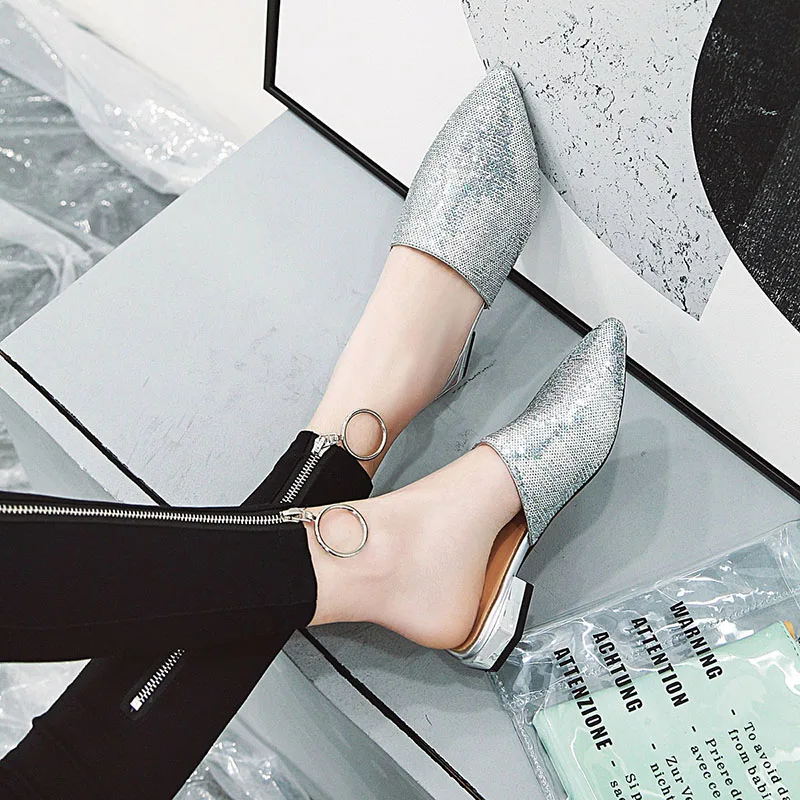 WETKISS Sequined Slippers Women Pointed Toe Footwear Slides Bling Shoes Female Low Heels Mules Woman Summer Plus Size 48 | Обувь