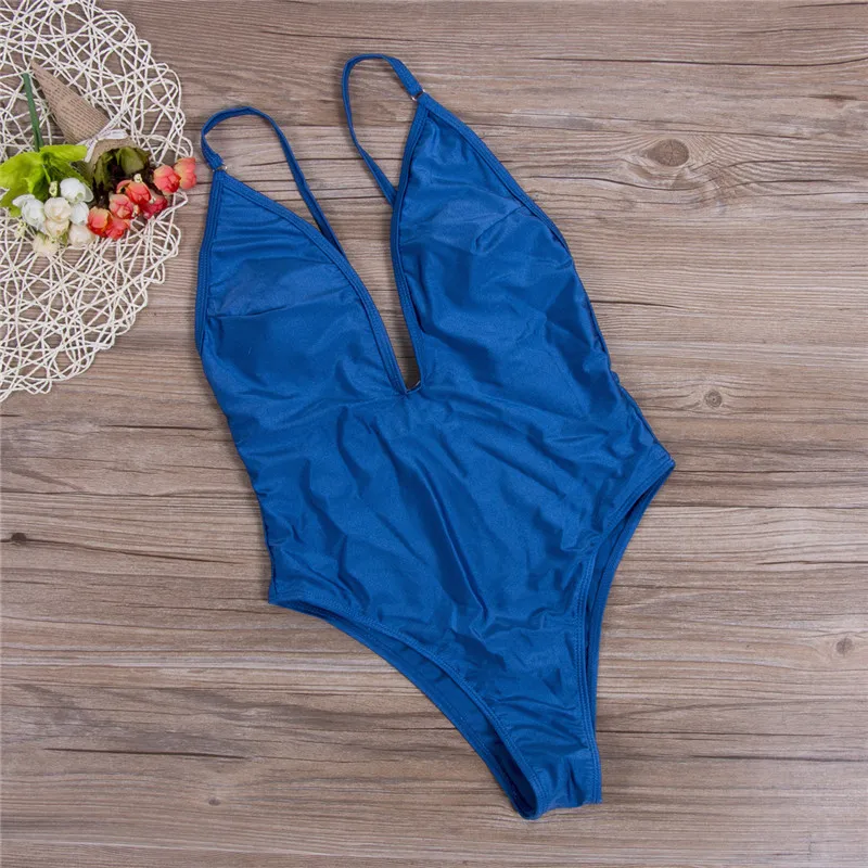 One piece Женские однотонные бикини 2018 Лето Push up пляжная hot sexy спинки Синий maillot de bain