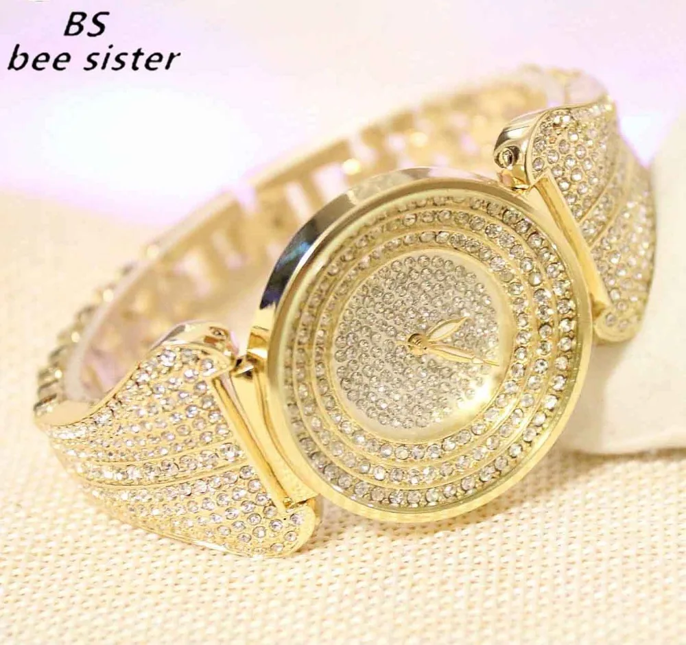 Модные кварцевые женские часы BS золотого цвета со стразами и кристаллами|watch