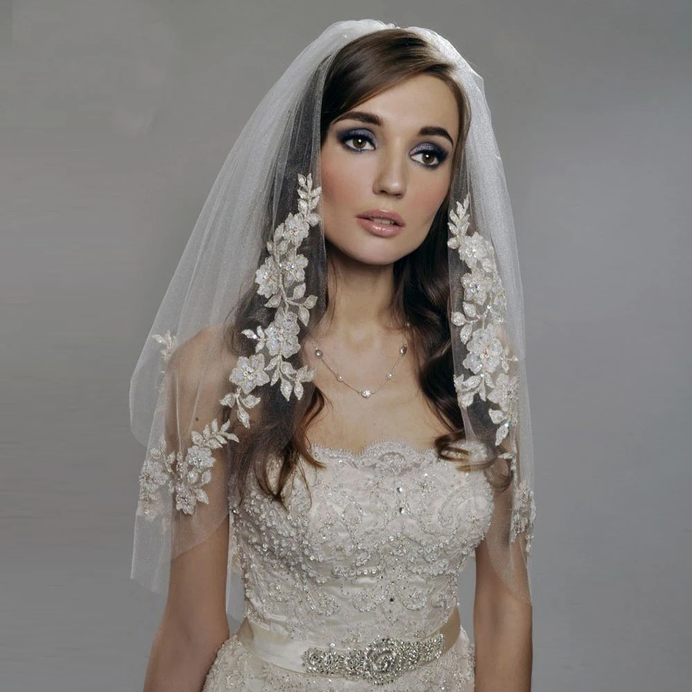 

White/Ivory Short Veil Elbow Length 75cm Two Layers Appliques Wedding Veil with Pearls Beading Bridal Veil New