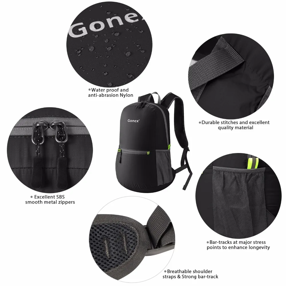 Рюкзак Gonex 20L Сверхлегкий складной нейлоновый черный для школы Путешествий