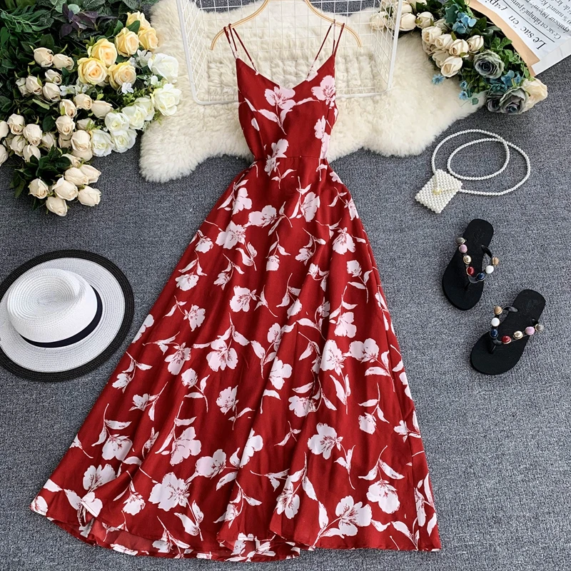 Женское винтажное пляжное платье длинное красное с цветочным принтом шифоновое