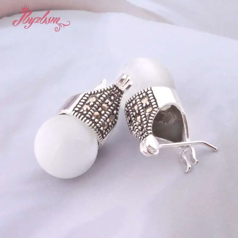 White Cat Eye 12 мм круглый шар опал Turquoises песчаник камень Бусины тибетский серебряный модный серьги для женщин Рождественский подарок 1 пара - Окраска металла: White Cat Eye