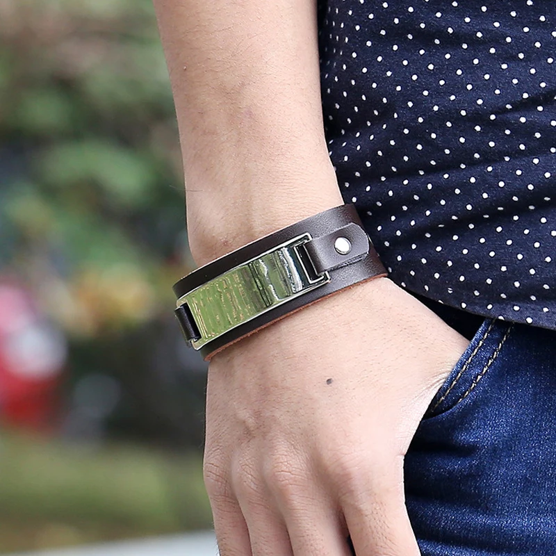 Классический модный кожаный браслет панк с металлической панелью мужские и