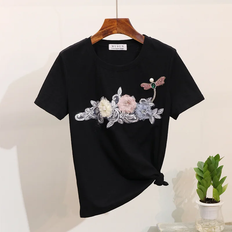 Женская футболка Топ 2019 весна лето алмазная Вышивка Цветы Стрекоза короткий