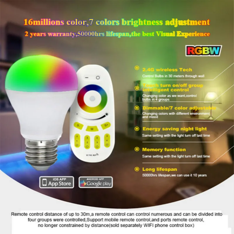 С регулируемой яркостью Светодиодная лампа RGBW Mi Light E27 AC 85 265 V 6 W Luz светодиодный