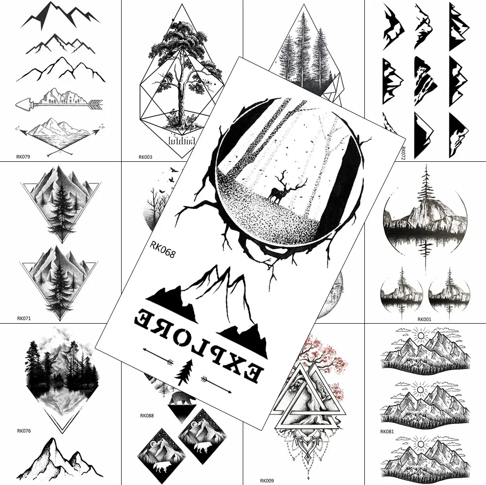 

Black Mountain Forest Temporary Tattoos Sticker For Men Women Washable Tatoo Geometric Elk Body Art Painting Fake Tatoos Decal