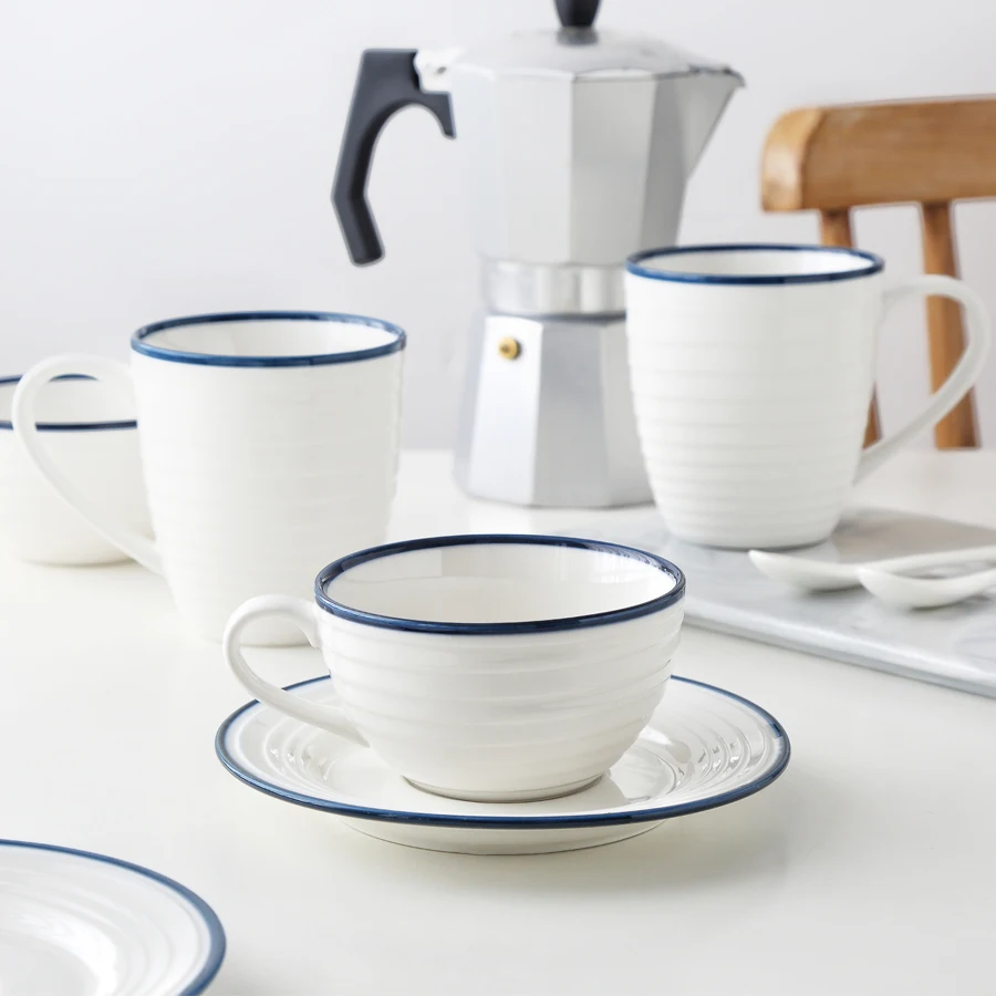 MUZITY Ceramic Coffee Cup and Saucer Thread Design with Dark Blue Line Porcelain Tea Set Drinkware | Дом и сад