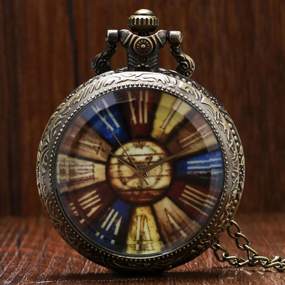 

2018 New Fashion Glass Cover Calorfull Rome Bronze Quartz Poket Watch with Chain Fob Watches Gift for Women Men