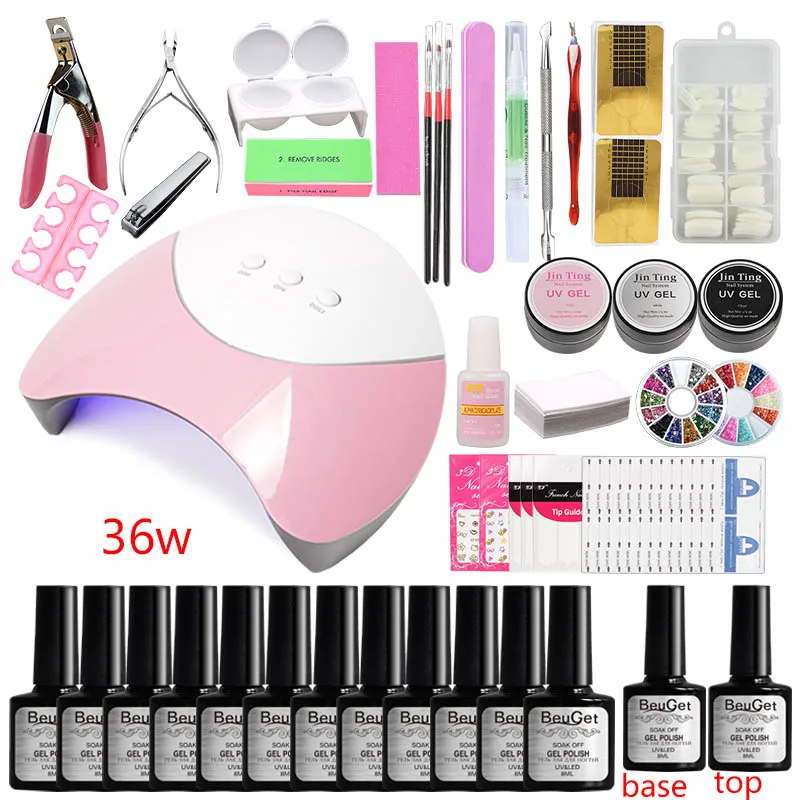 36w gel set Набор для наращивания ногтей маникюрный набор 36 Вт/48 Вт/80 Вт лампа для ногтей 12 цветов Гель-лак для ногтей акриловый набор для ногтей - Цвет: 36w gel set