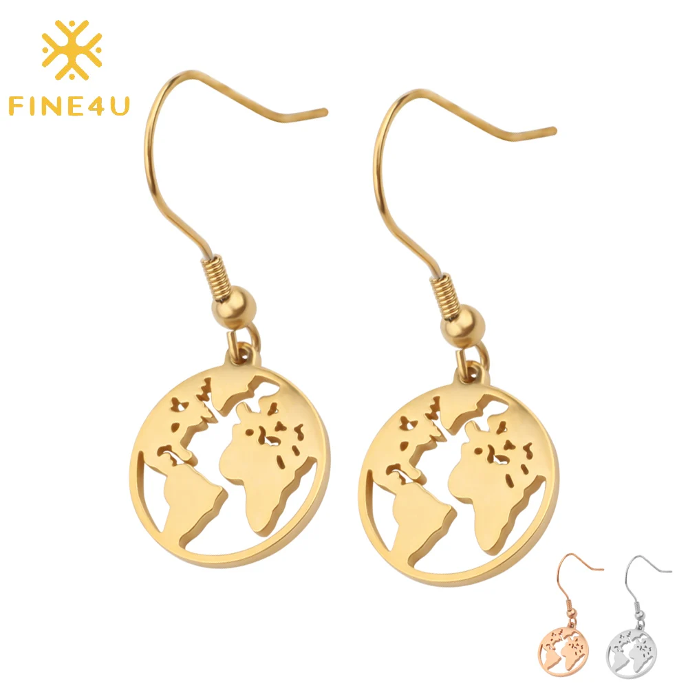 Круглые висячие серьги FINE4U E073 с картой мира из нержавеющей стали корейские
