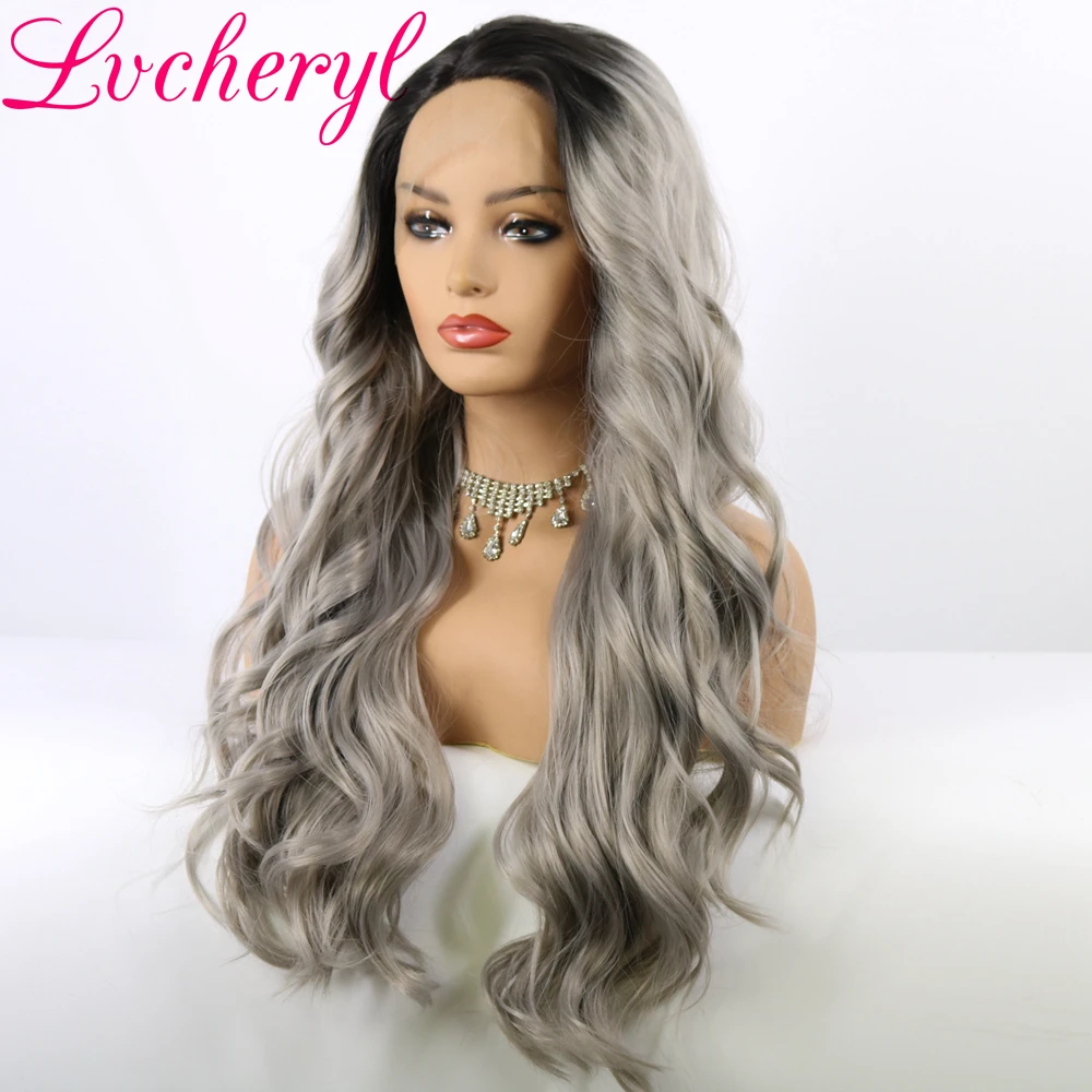 Lvcheryl Ombre Grey Hair Wigs Natural Wave Long Synthetic Lace Front Wigs High Temperature Fiber Hair Wigs for Women