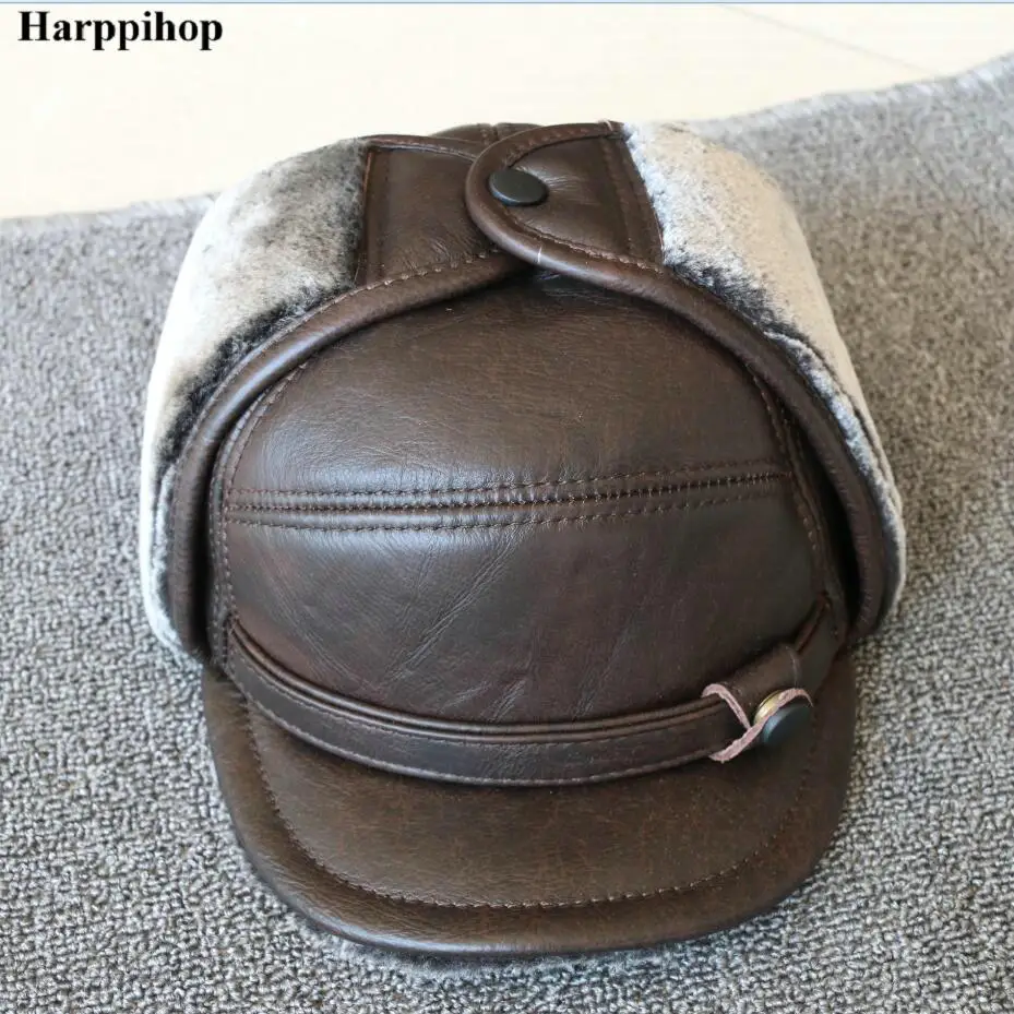 Genuine leather  cap hat men's brand new cow skin leather hats caps ear flap black brown with Faux fur inside