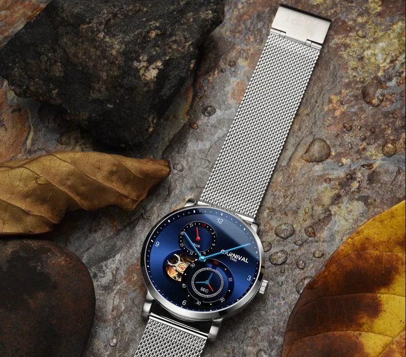 Модные Tourbillon механические часы карнавал ультра тонкие автоматические часы для мужчин сапфир 24 часа кожаный ремешок водонепроницаемые часы