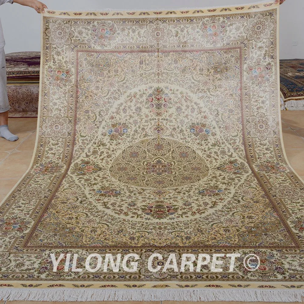 

Yilong 6'x9' handmade turkish silk carpets beige traditional hand knotted silk rug (0998)
