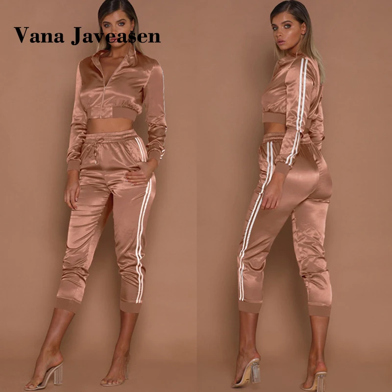 Vana Javeasen Autumn Winter Satin Sets Women Zipper Side Stripe Crop Tops Drawstring Calf Length Pants Sexy Workout Tracksuits |
