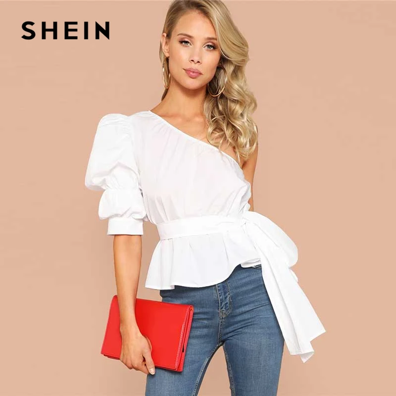 SHEIN Однотонный Топ На Одно Плечо С Пышными Рукавами И Поясом Женская Летняя Белая Элегантная Блузка С Средним Рукавом
