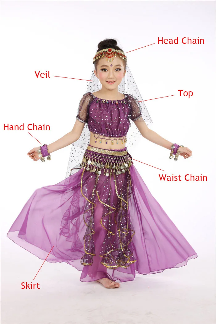 Purple 6pcs 6 шт./компл., детский костюм для танца живота, Индийские танцы, платье, комплект, одежда для выступлений для маленьких девочек, бальное платье для детей 95-155 см - Цвет: Purple 6pcs