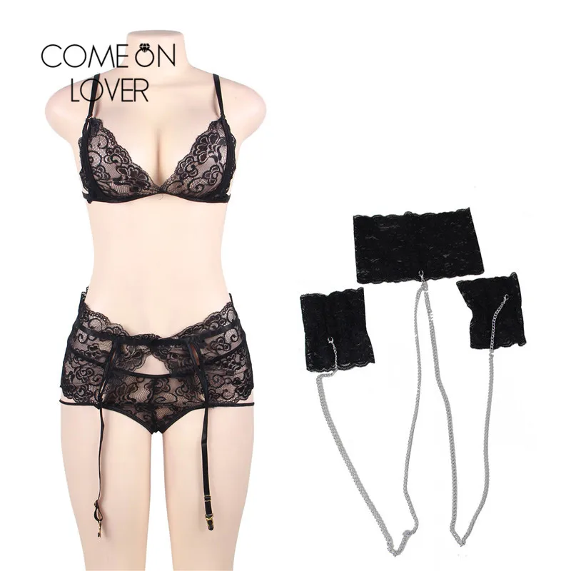 

Comeonlover Erotic Bras Set For Women Bra + Garterbelt + Panty + Handcuffs Black Lace See Though Lingerie Set Babydoll RI80638