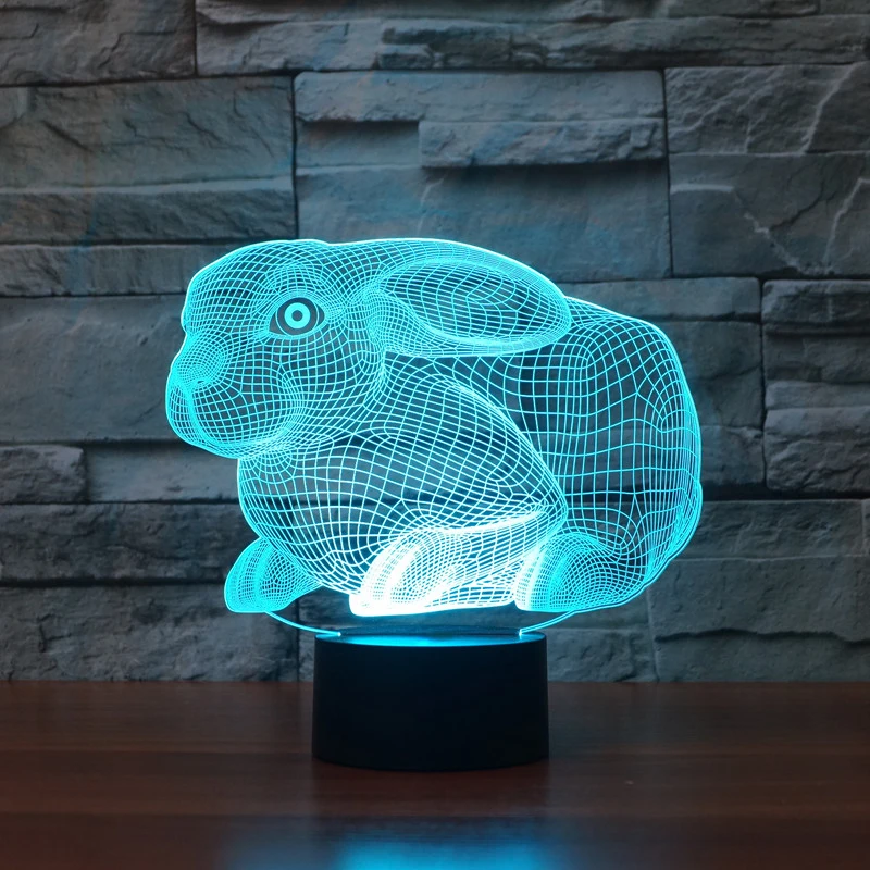 7 цветов Изменение 3D заяц животных Visual настольная лампа милый кролик Иллюзия