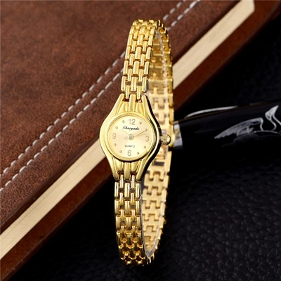 Часы наручные женские кварцевые, люксовые золотистые элегантные тонкие, с браслетом из нержавеющей стали