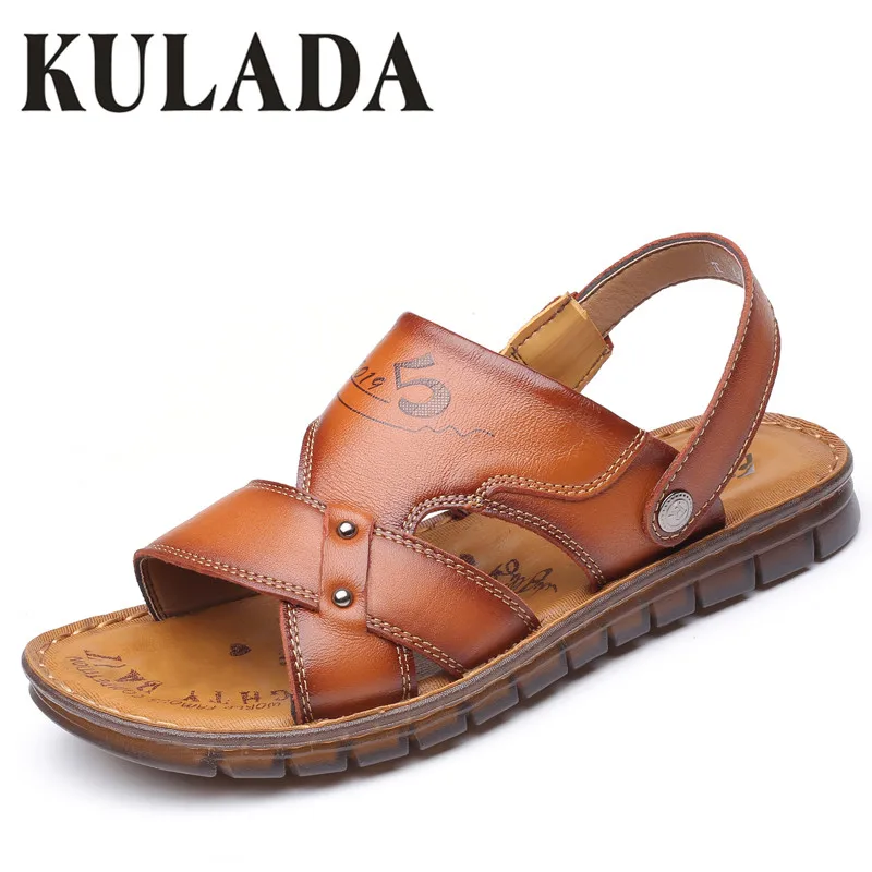 2019 New Men Sandals Shoes Summer Genuine Leather Natural Fashion Hollow-Out Casual Comfortable Men's Beach Slippers | Обувь