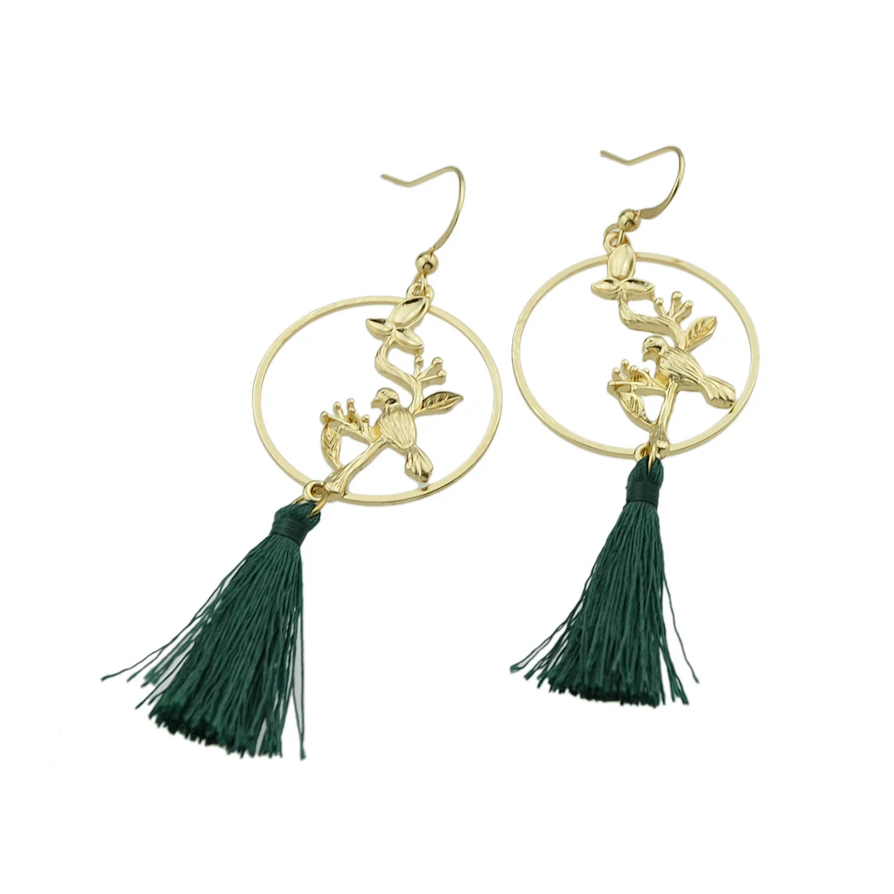 Модная бижутерия женский Boho Серьги золото-Цвет птицы на ветках Форма с зеленым