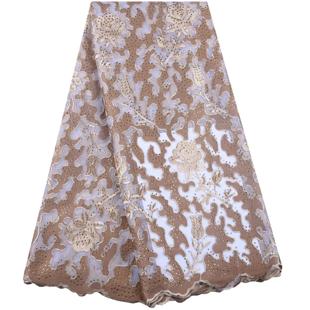 

Latest Gold African Lace Fabric High Quality Tulle Lace French Mesh Fabric With Stones Nigerian Net Lace Fabrics For Dress S1601