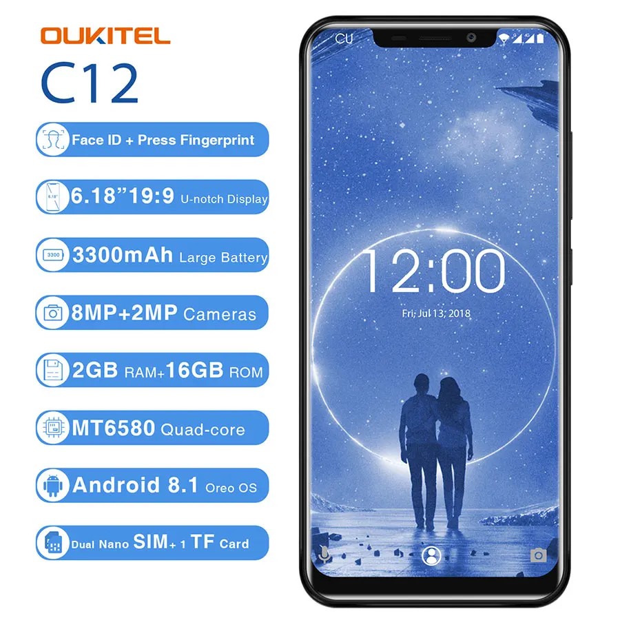 Oukitel C12 6 18 &quot18:9 Android 8 1 распознавание лица 3300 мАч MT6580 четырехъядерный 2 Гб RAM 16 ROM 8MP +