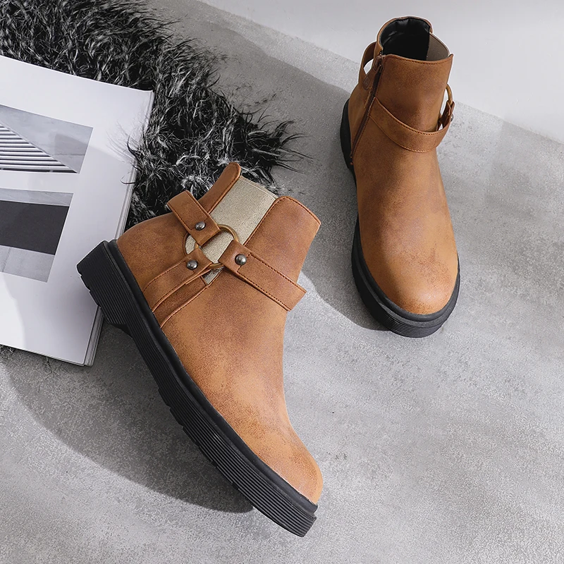 JK Elastic Ankle Boots Women Rivet Platform Booties Ladies Metal Casual Shoes Female Round Toe Girl Winter 2019 New Brown | Обувь