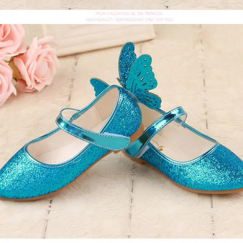 Кожаные туфли принцессы для девочек на плоской подошве кожаные с бабочками