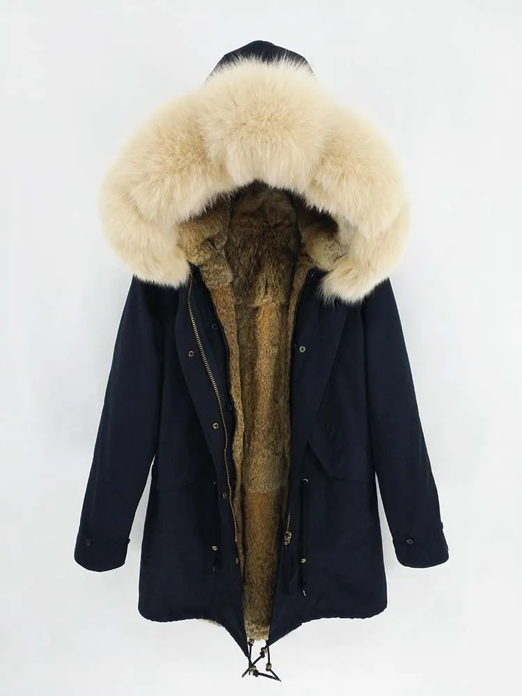 fox fur collar Непромокаемая парка Зимняя куртка Для женщин Настоящее меховое пальто Натуральный воротник Натуральный Мех кролика Длинная одежда для улицы - Цвет: fox fur collar