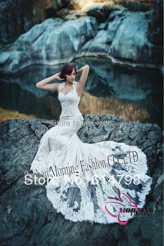 2014 Custom Sexy Sheer Back Queen Anne Neckline Lace Applique Tulle Bridal Gown /Wedding Dress New Collection | Свадьбы и торжества