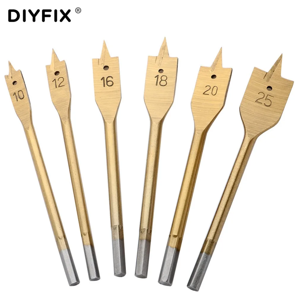 

DIYFIX Flat Drill Set 10-25 mm Titanium Coating Hex Shank Flat Drill Woodworking Spade Drill Bits Power Tools Hole Saw Tool Sets