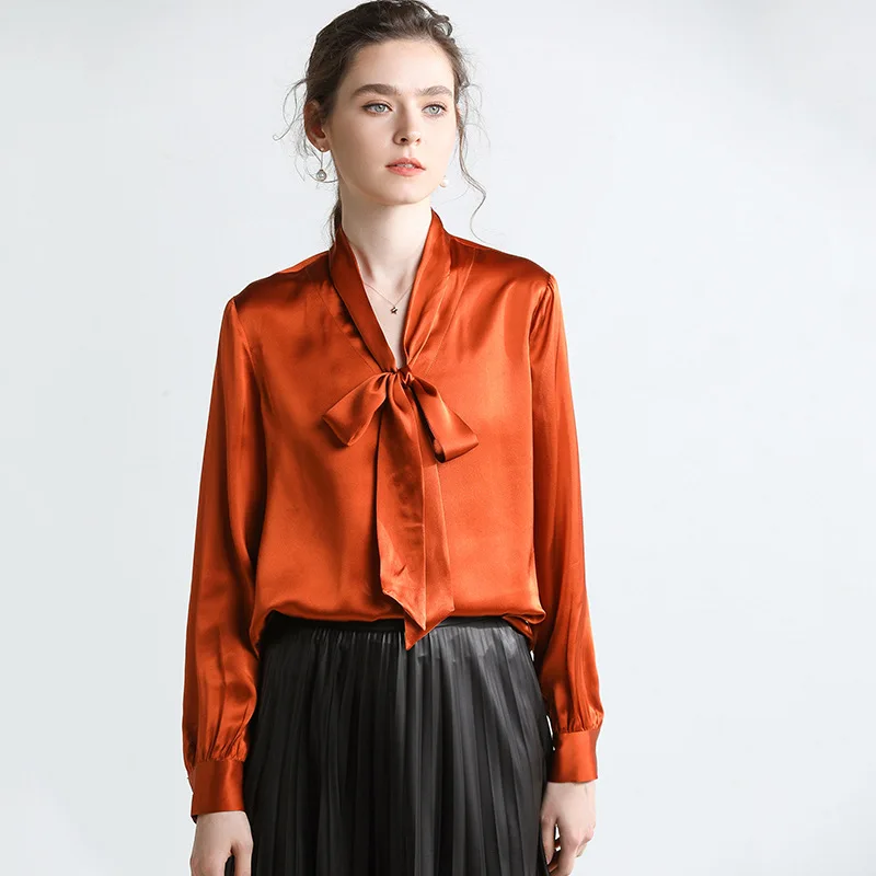 2019 Spring Retro Vintage Elegant Office Work Stand Neck Bow Collar Long Sleeve Solid Real Silk Shirt Blouses Tops Q728 |