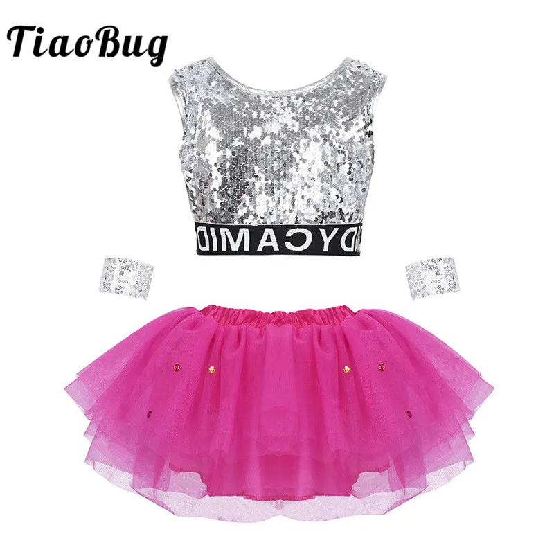 

TiaoBug Children Girls Sequins Metallic Crop Tops with Mesh Ballet Tutu Skirt Set Kids Teens Modern Hip Hop Jazz Dance Costumes