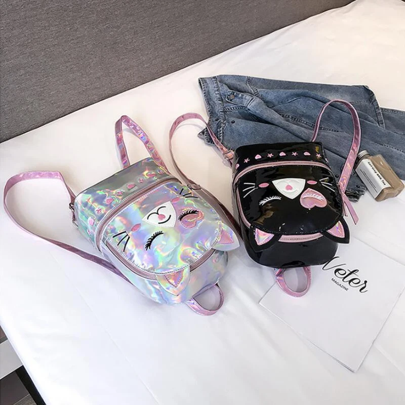 Yogodlns Милая кошка Mochila Mujer лазерный голографический рюкзак женский маленький мини рюкзак для девочек Школьный Рюкзак PU дорожные сумки