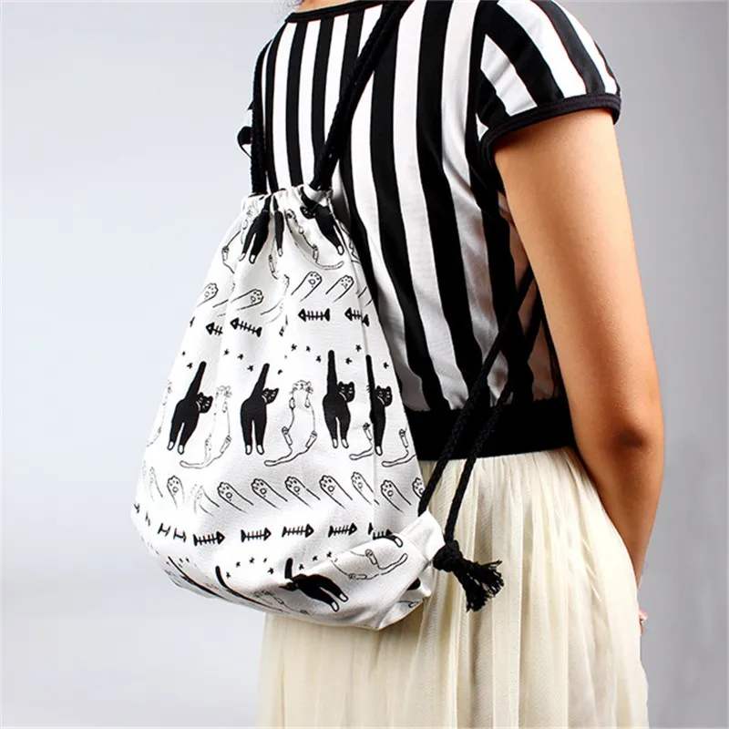 Женские сумки на шнурке холщовый рюкзак с карманом и принтом черно белого кота