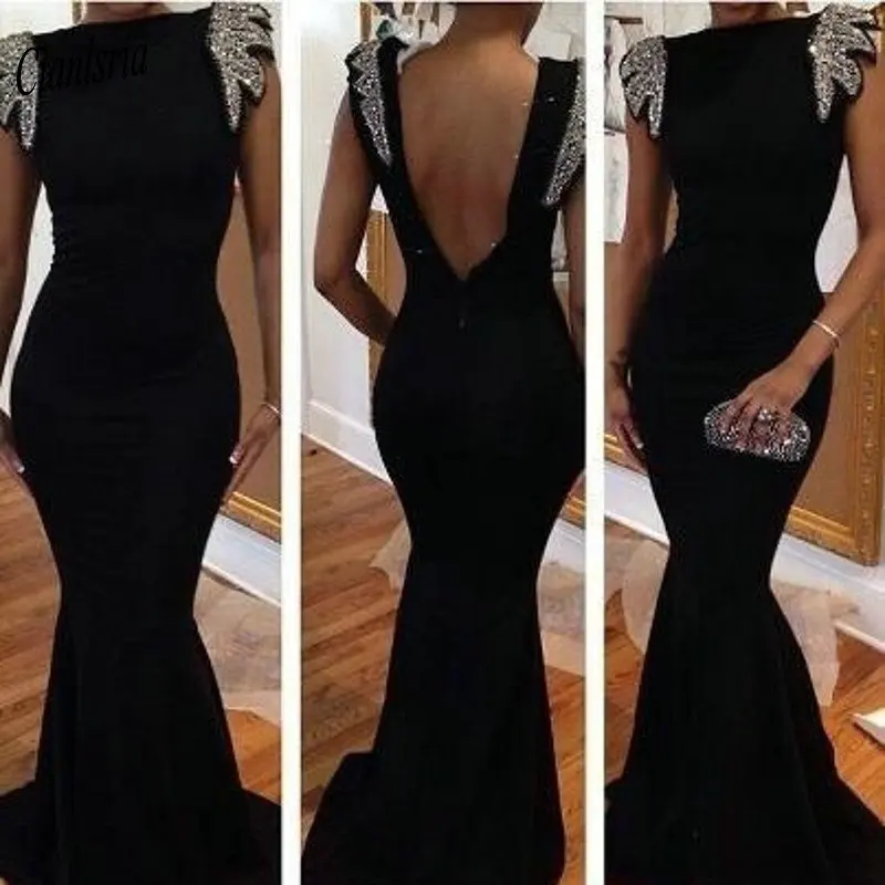 

Boat Neck Beading Crystal Muslim Mermaid Evening Dress 2020 Backless Cap Sleeve Islamic Dubai Saudi Arabic Evening Party Dresses