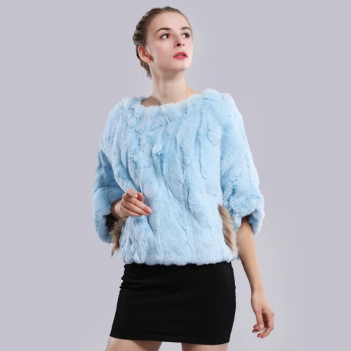 sky blue Женское повседневное пальто из натурального меха кролика Рекс, короткий стиль, настоящий мех кролика, пончо, куртки из меха кролика Рекс, пальто из пашмины - Цвет: sky blue