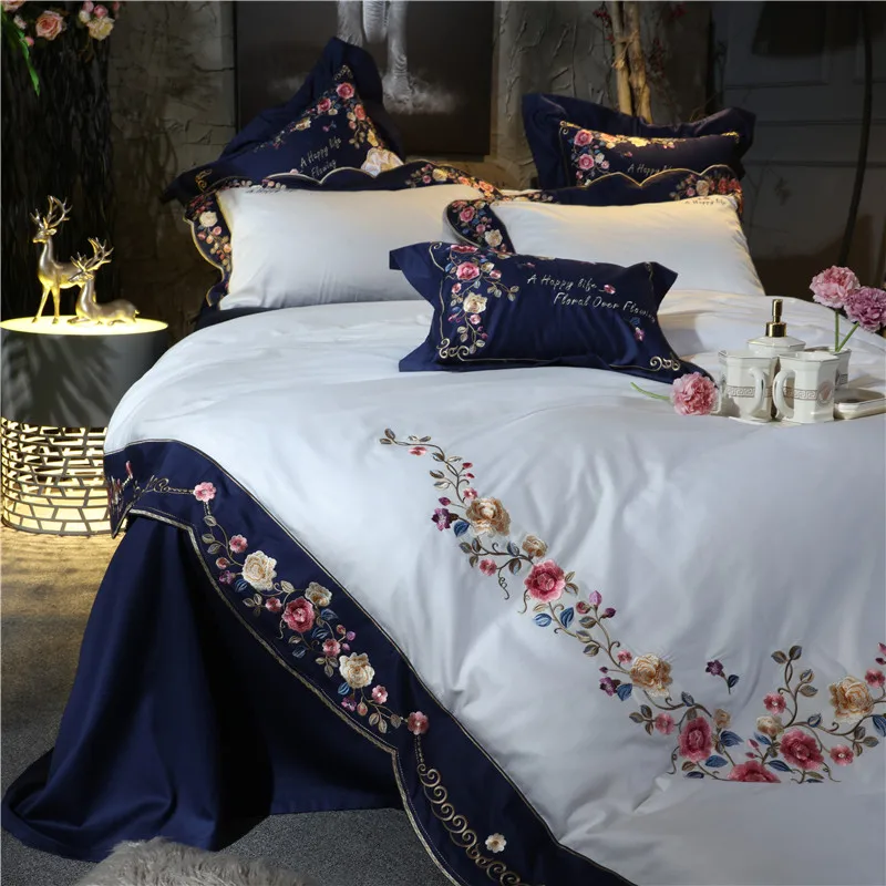 High-end Luxury Pastoral Flowers Embroidery 100S/800TC Blue 4/7pcs Egyptian cotton Bedding Set Duvet Cover Bed sheet Pillowcase | Дом и сад