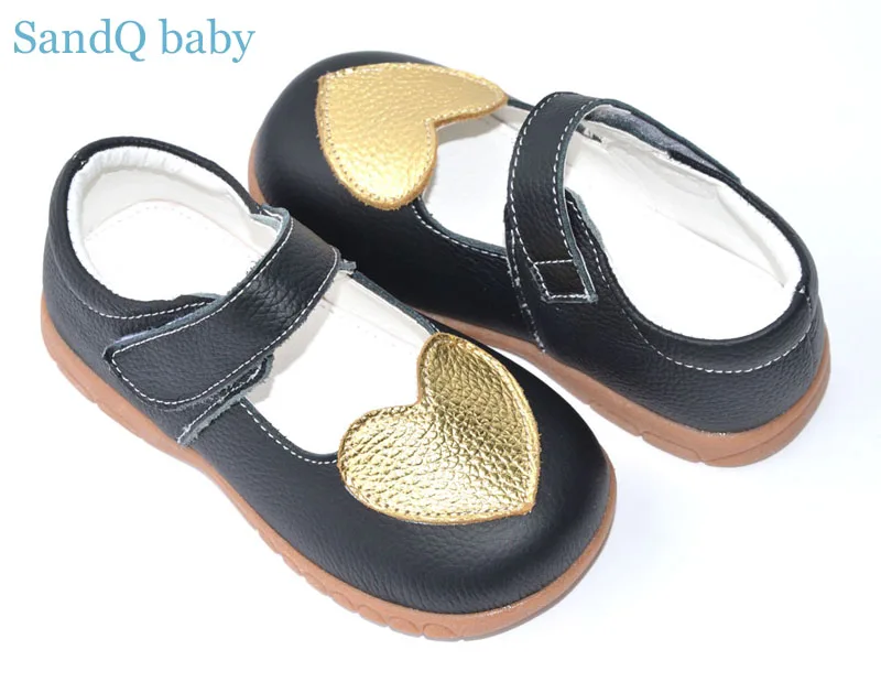 Туфли для девочек черные туфли мэри джейн из натуральной кожи с золотым сердцем