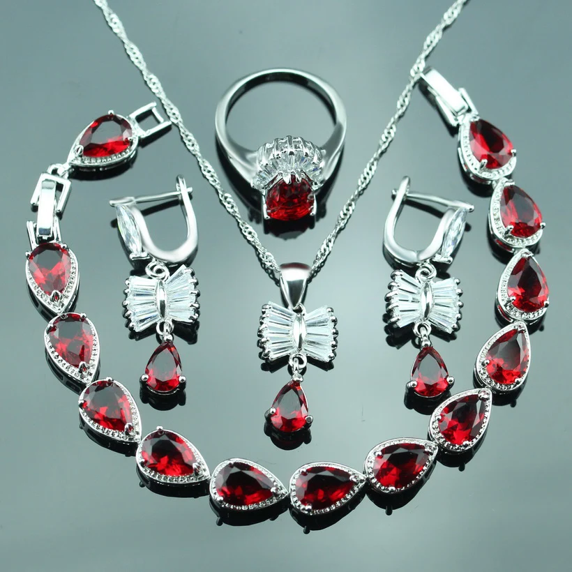 Свадебные ювелирные наборы из стерлингового серебра для женщин красный кристалл