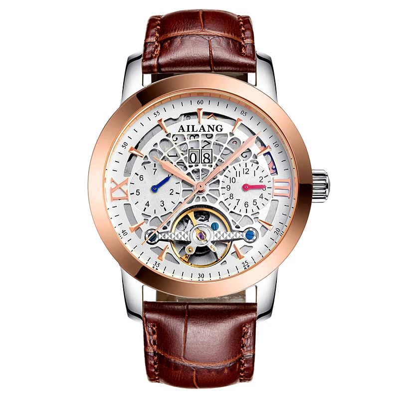 Скелет Турбийон Механические Мужские часы AILANG известный бренд кожа наручные