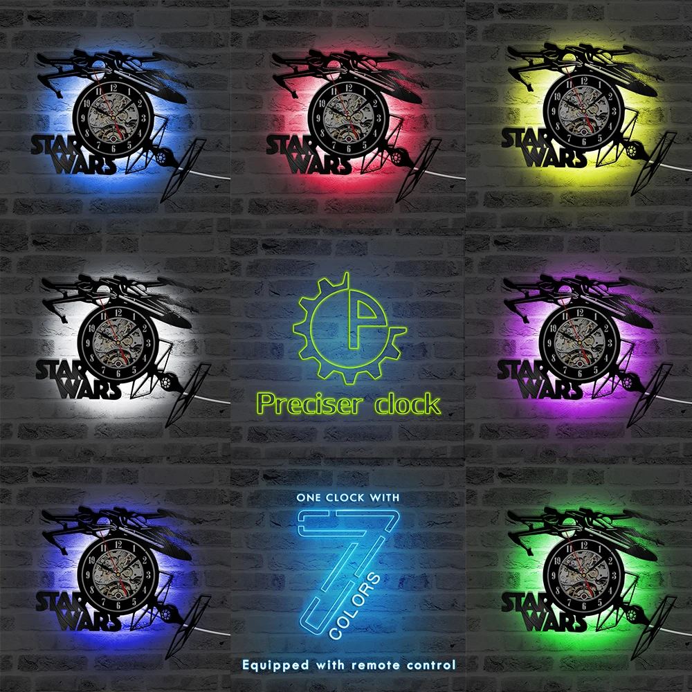 Creative Star Wars Theme Airplane Record Clock 3D Model Hollow Wall Clock Vinyl Record Material Antique Style Hanging Clock