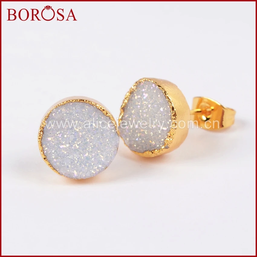 

BOROSA 10mm Gold Color Round Natural Stone Titanium AB Druzy Geode Stud Earrings Fashion Earrings for Women G0681