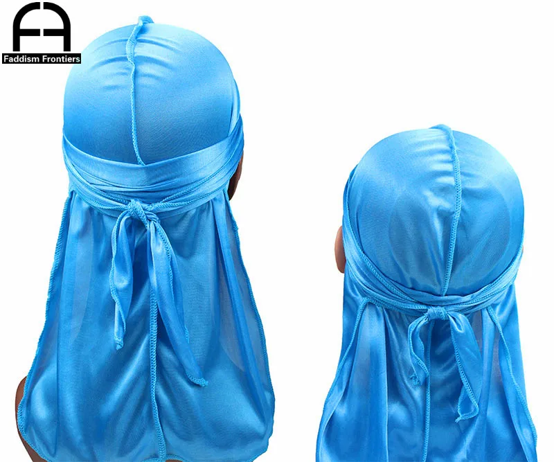 Небесно-голубой Папы и детей шелковистой Durags набор банданы тюрбан шляпа мальчиков шелк DuRag волны Кепки оголовье аксессуары для волос бандана - Цвет: Небесно-голубой