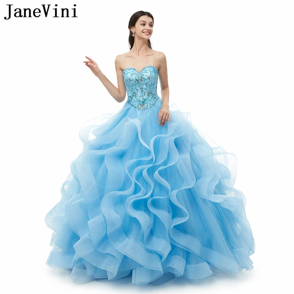 

JaneVini Elegant Long Quinceanera Dresses Ball Gown Sweetheart Crystal Beaded Pageant Puffy Prom Gowns for Girls Vestidos De 15